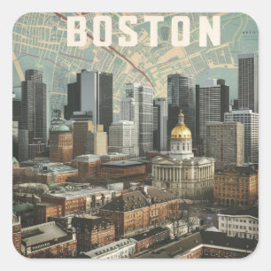 Boston, Boston Massachusetts City Skyline mit Kart Quadratischer Aufkleber
