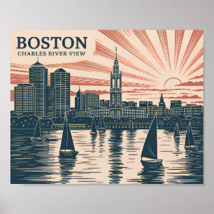 Boston Charles River Sailboats Skyline Art Vintag Poster