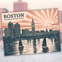 Boston Charles River Sailboats Skyline Art Vintag