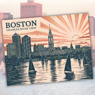 Boston Charles River Segelboote Skyline Kunst Vint Postkarte