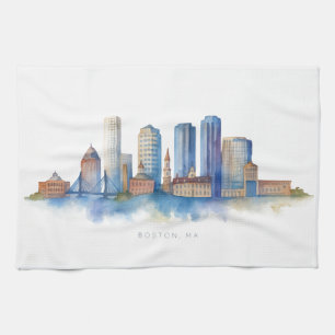 Boston City Skyline Aquarell   Modernes Boston MA  Geschirrtuch