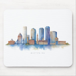 Boston City Skyline Aquarell   Modernes Boston MA  Mousepad