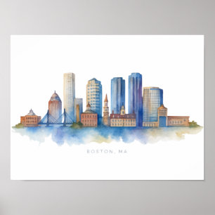 Boston City Skyline Aquarell Modernes Boston MA Poster