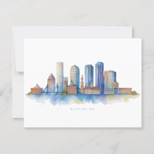 Boston City Skyline Aquarell   Modernes Boston MA  Postkarte