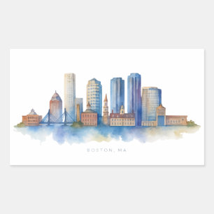 Boston City Skyline Aquarell Modernes Boston MA Rechteckiger Aufkleber