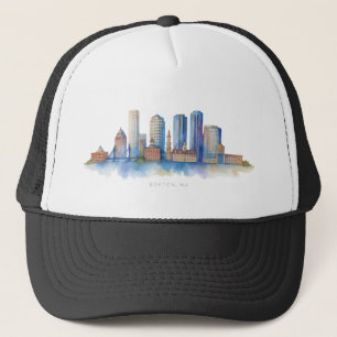 Boston City Skyline Aquarell   Modernes Boston MA  Truckerkappe