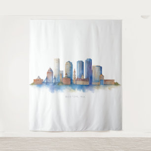 Boston City Skyline Aquarell Modernes Boston MA Wandteppich