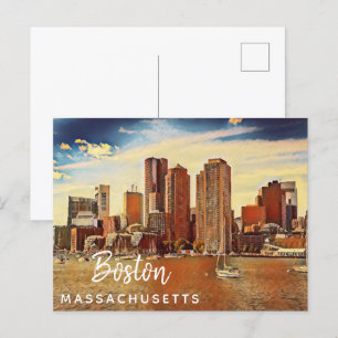 Boston City Skyline Massachusetts Vintage Malerei Postkarte