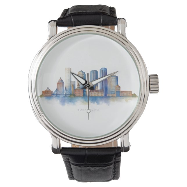 Boston City Skyline | Modernes Boston MA Armbanduhr (Vorderseite)