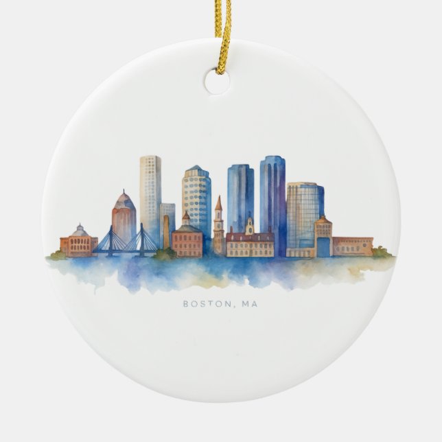 Boston City Skyline | Modernes Boston MA Keramik Ornament (Vorne)