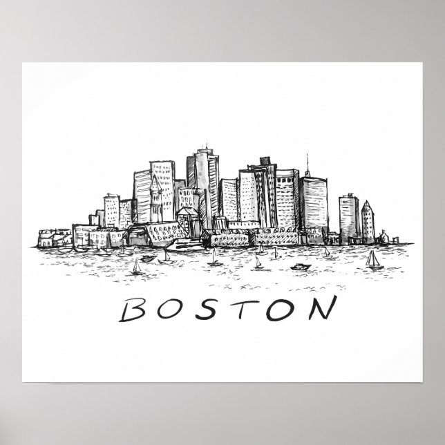 Boston Cityscape Ink Zeichnend Poster (Vorne)