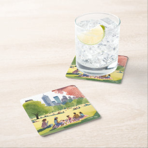 Boston Common Picknick   Sommer-Aquarellmalerei Rechteckiger Pappuntersetzer