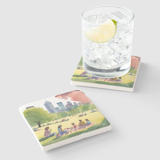 Boston Common Picknick | Sommer-Aquarellmalerei Steinuntersetzer (Seitenansicht)