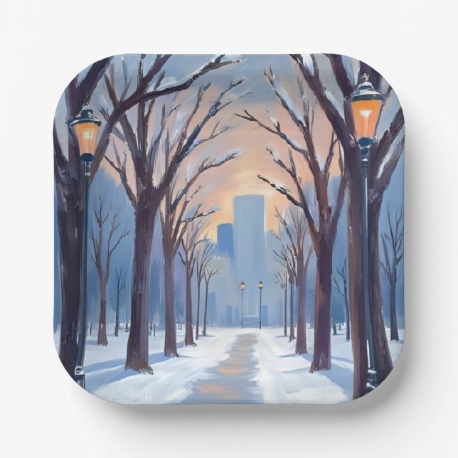 Boston Common Winter Schneefall Aquarell Pappteller (Vorderseite)