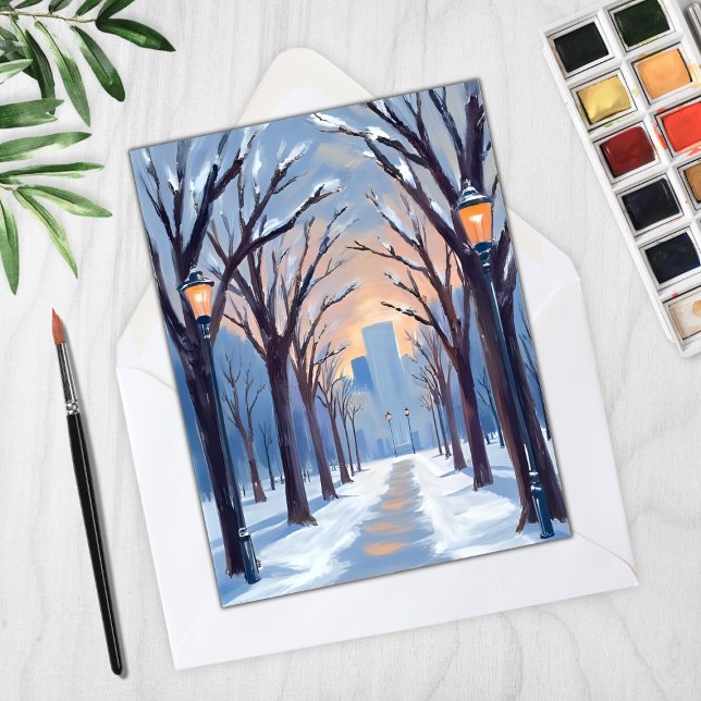 Boston Common Winter Snowfall Watercolor Card (Von Creator hochgeladen)