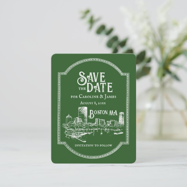 Boston Forest Green Save the Date Mitteilungskarte (Stehend Vorderseite)