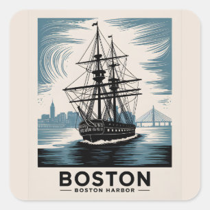 Boston-Hafen Retro-Hohes Schiff Vintage-Nautik Quadratischer Aufkleber