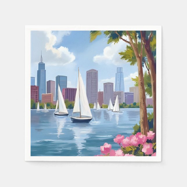 Boston Harbor Frühling | Boot Bucht Stadt-Silhouet Serviette (Vorderseite)