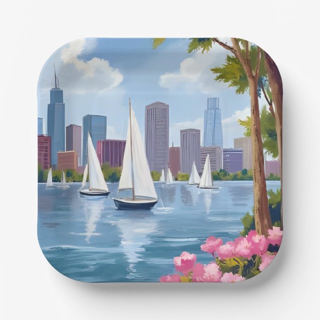 Boston Harbor Frühling | Boot Bucht Stadt-Skyline Pappteller (Vorderseite)