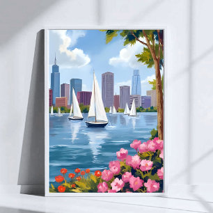 Boston Harbor Frühling   Boot Bucht Stadt Skyline Poster