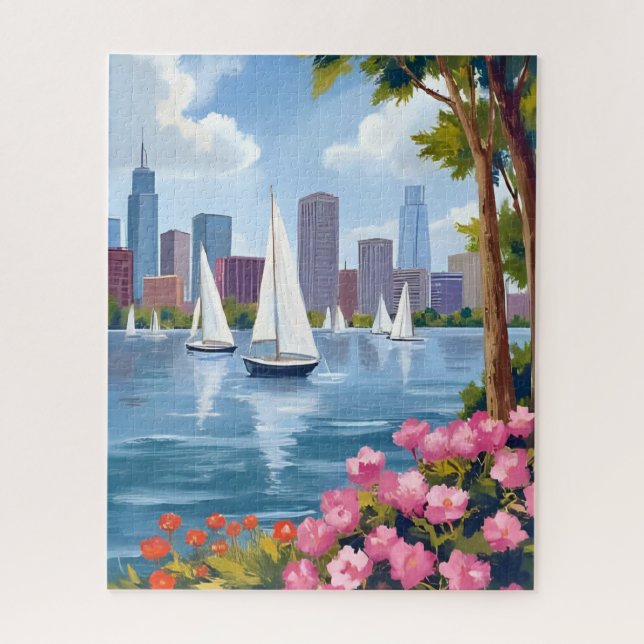 Boston Harbor Spring | Boat Bay City Skyline Puzzle (Vertikal)