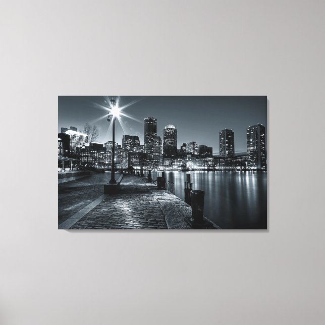 Boston Harbour B&W Night Leinwand (Vorderseite)