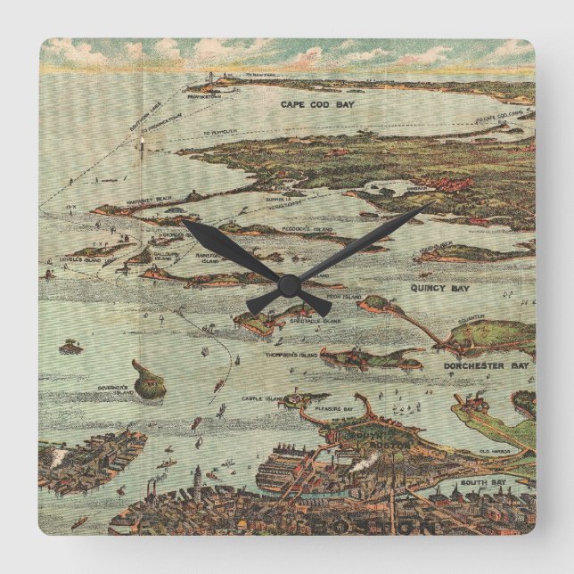 Boston Harbour Birdseye View Map Quadratische Wanduhr (Vorderseite)