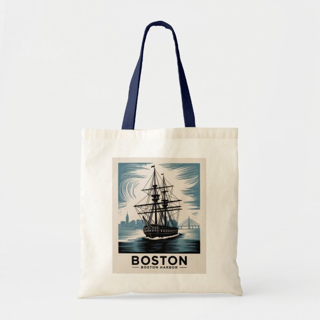 Boston Harbour Retro Tall Ship Classic Nautical Tragetasche (Vorne)