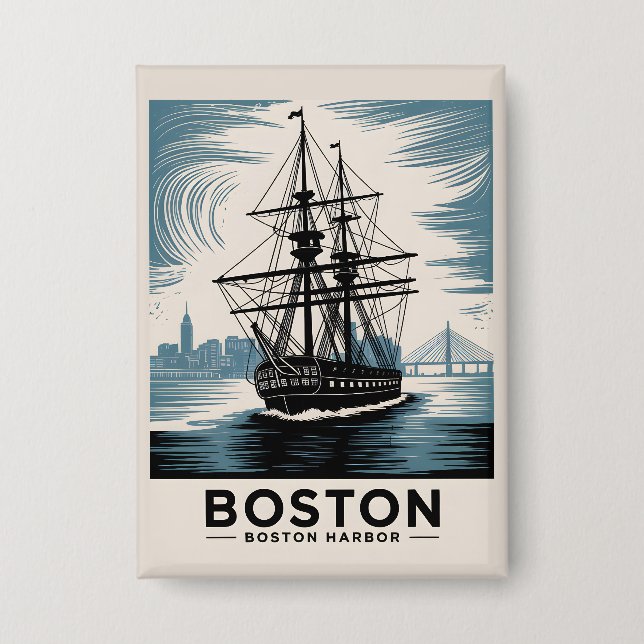 Boston Harbour Retro Tall Ship Vintag Nautical Button (Vorderseite)