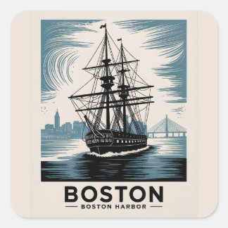 Boston Harbour Retro Tall Ship Vintag Nautical Quadratischer Aufkleber