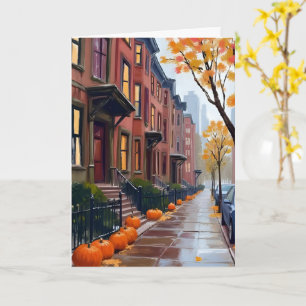 Boston Herbst Brownstones Kürbis Aquarell Karte