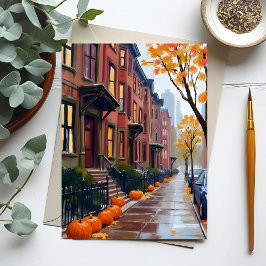 Boston Herbst Brownstones Kürbis Aquarell Postkarte