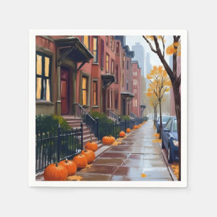 Boston Herbst Brownstones Kürbis Aquarell Serviette