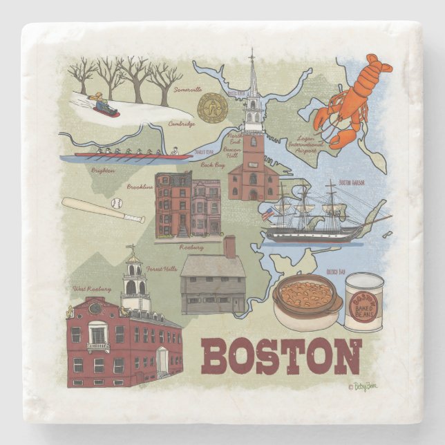 Boston Illustriert Map Marble Untersetzer (Vorderseite)