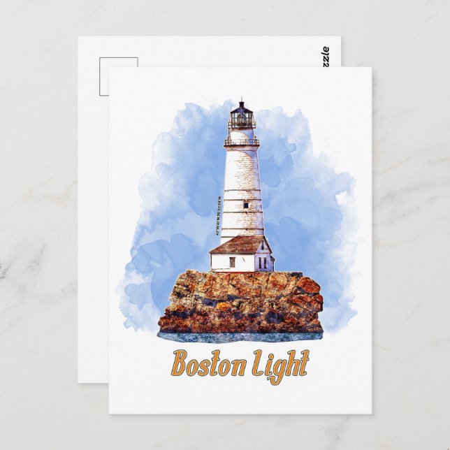 Boston Light Lighthouse Watercolor - Massachusetts Postkarte (Vorne/Hinten)