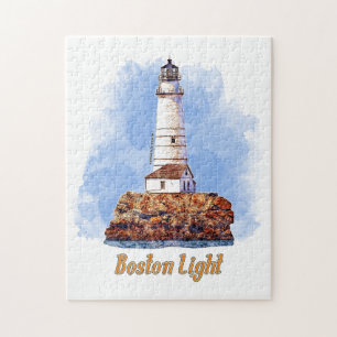 Boston Light Lighthouse Watercolor - Massachusetts Puzzle