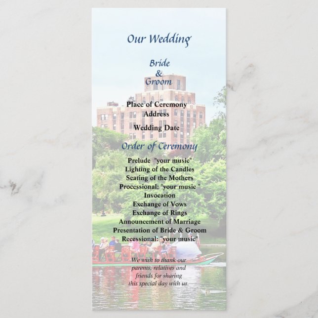 Boston MA Boston Public Garden Wedding Program Programm (Vorderseite)