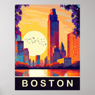 Boston, MA, Skyline bei Sonnenuntergang, Reise Poster