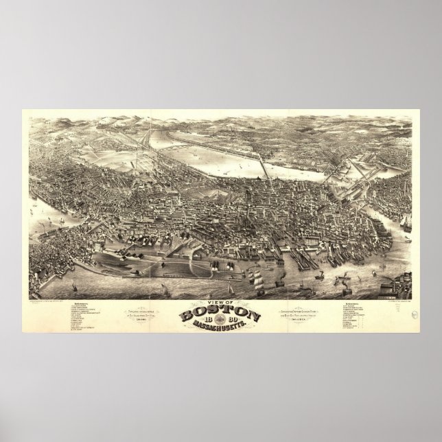 Boston Massachusetts 1880 Antike Panoramabalkarte Poster (Vorne)