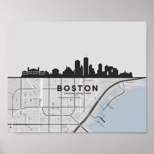 Boston Massachusetts City Skyline mit Karte Poster (Vorne)