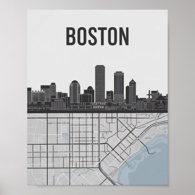 Boston Massachusetts City Skyline mit Karte Poster (Vorne)