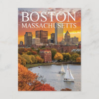 Boston Massachusetts Skyline Autumn Sailboats Post