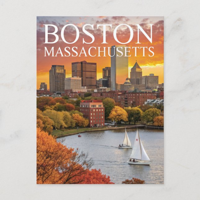 Boston Massachusetts Skyline Autumn Sailboats Post Postkarte (Vorderseite)