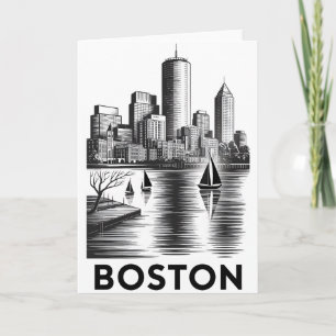 Boston Massachusetts Skyline Schwarz-Weiß-Holzschn Karte
