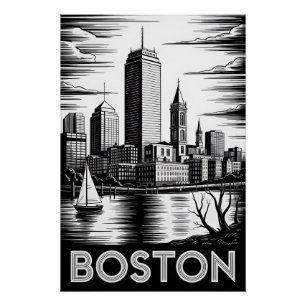 Boston Massachusetts Skyline Schwarz-Weiß-Holzschn Poster