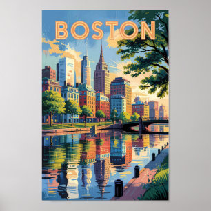 Boston Massachusetts Skyline Travel Art Vintag Poster