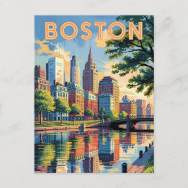 Boston Massachusetts Skyline Travel Art Vintag Postkarte