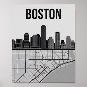 Boston Massachusetts Stadt-Skyline mit Karte Poster