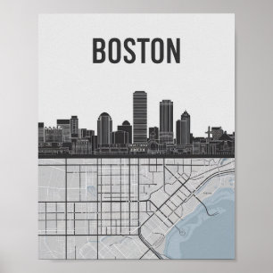 Boston Massachusetts Stadt-Skyline mit Karte Poster