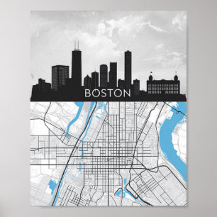 Boston Massachusetts Stadt-Skyline mit Karte Poster